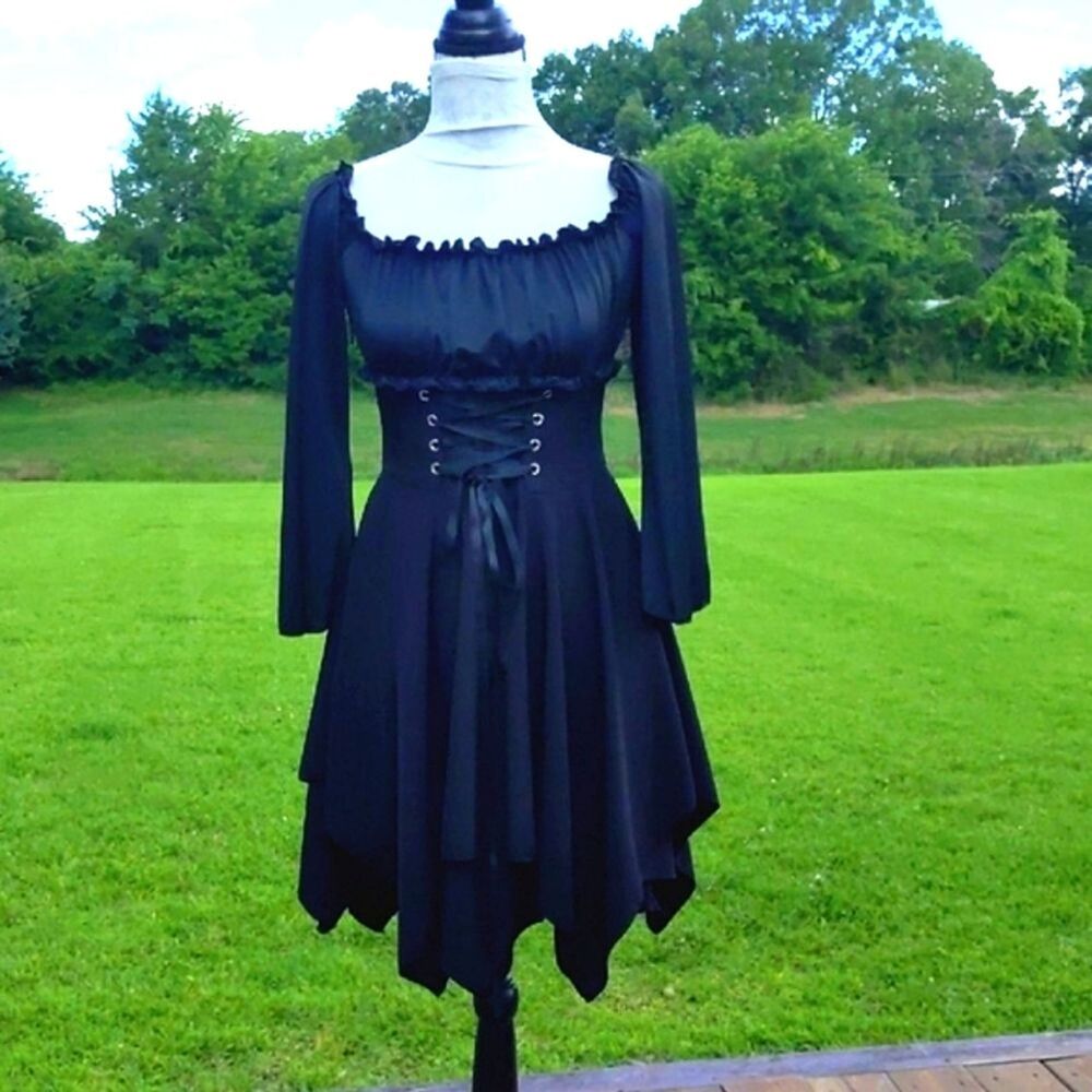 ROMWE Black Gothic Lace-Up Handkerchief Hem Dress